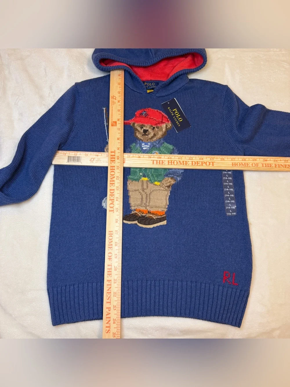 Polo Ralph Lauren FISHING Bear Cotton Knit BLUE HOODIE Sweater Boys Kids Large